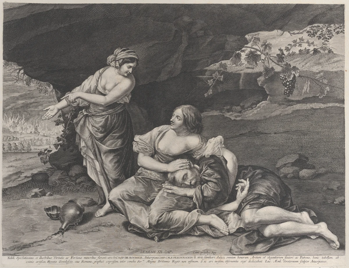 The drunkenness of Lot, who is asleep on his daughter's lap at center, while his other daughter points towards the burning city of Sodom at left by Lucas Vorsterman, print, 1623-1633