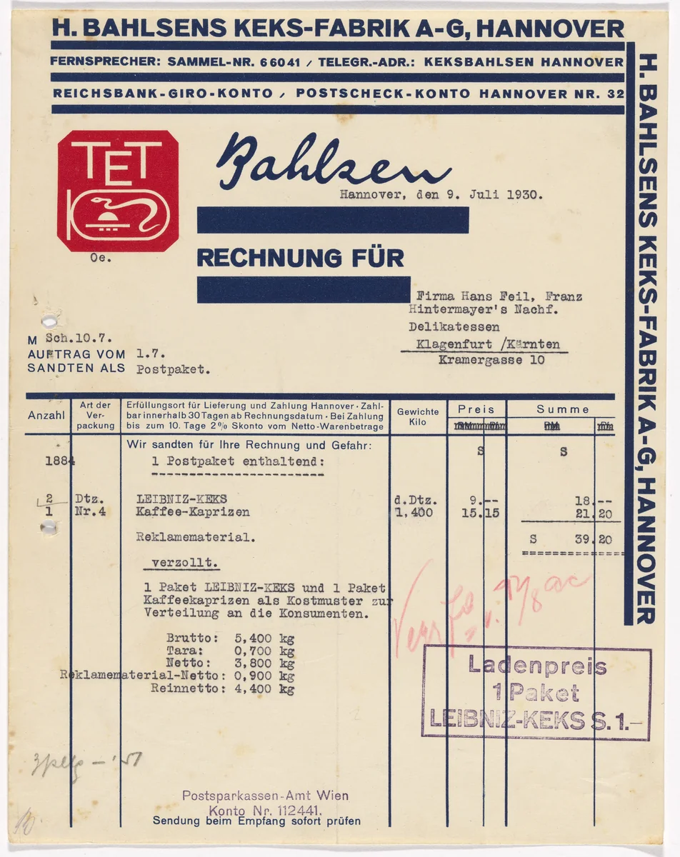 Stationery invoice for Hermann Bahlsen’s Cookie factory (Keks-Fabrik), Hannover by Kurt Schwitters, design, 1929