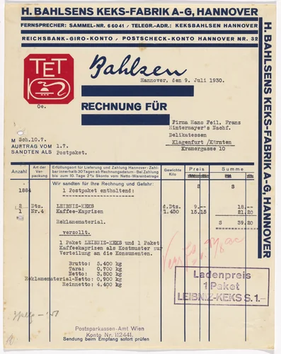 Stationery invoice for Hermann Bahlsen’s Cookie factory (Keks-Fabrik), Hannover by Kurt Schwitters, design, 1929