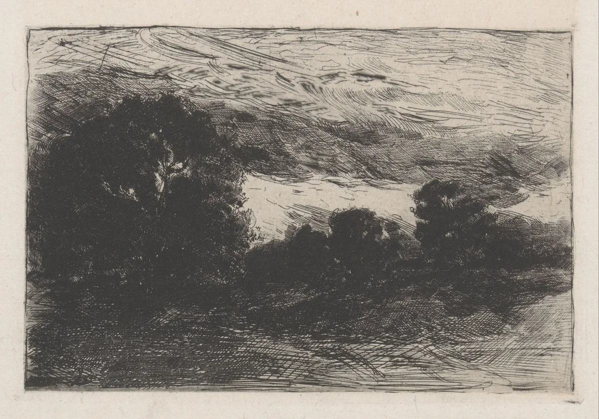Landschap met bomen en stormachtige lucht by Barbara van Houten, print, 1877-1950