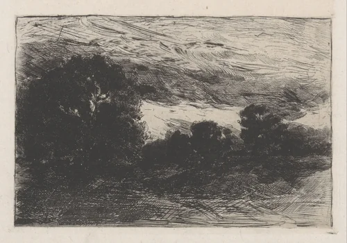 Landschap met bomen en stormachtige lucht by Barbara van Houten, print, 1877-1950