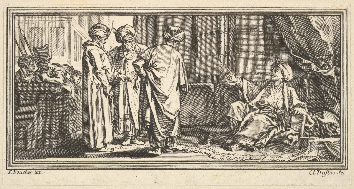 The Hearing of Qadi by Claude Augustin Duflos le Jeune, print, 1746-1747