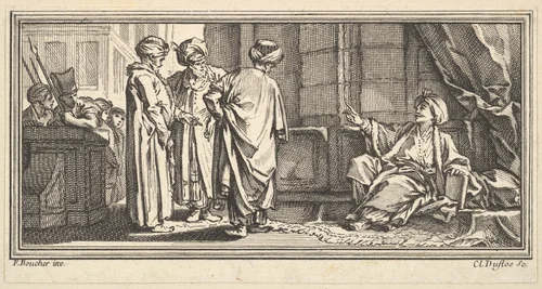 The Hearing of Qadi by Claude Augustin Duflos le Jeune, print, 1746-1747