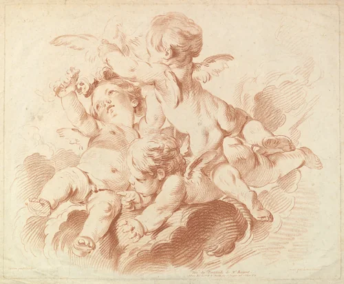 L'Air (The Air): A Group of Three Putti on Clouds by Louis Marin Bonnet, print, 1751-1793
