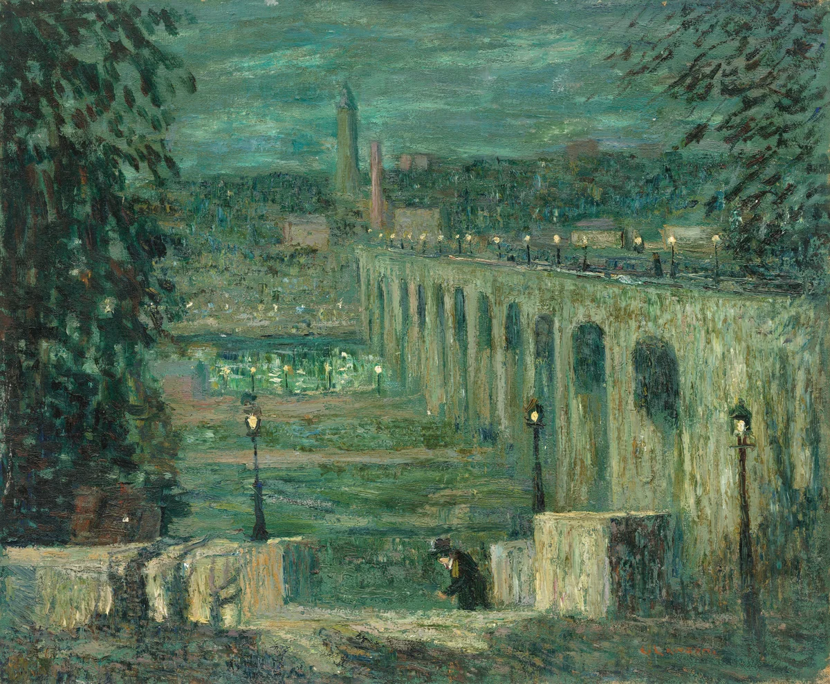 High Bridge at Night, New York City by Ernest Lawson, painting, 1910-1920