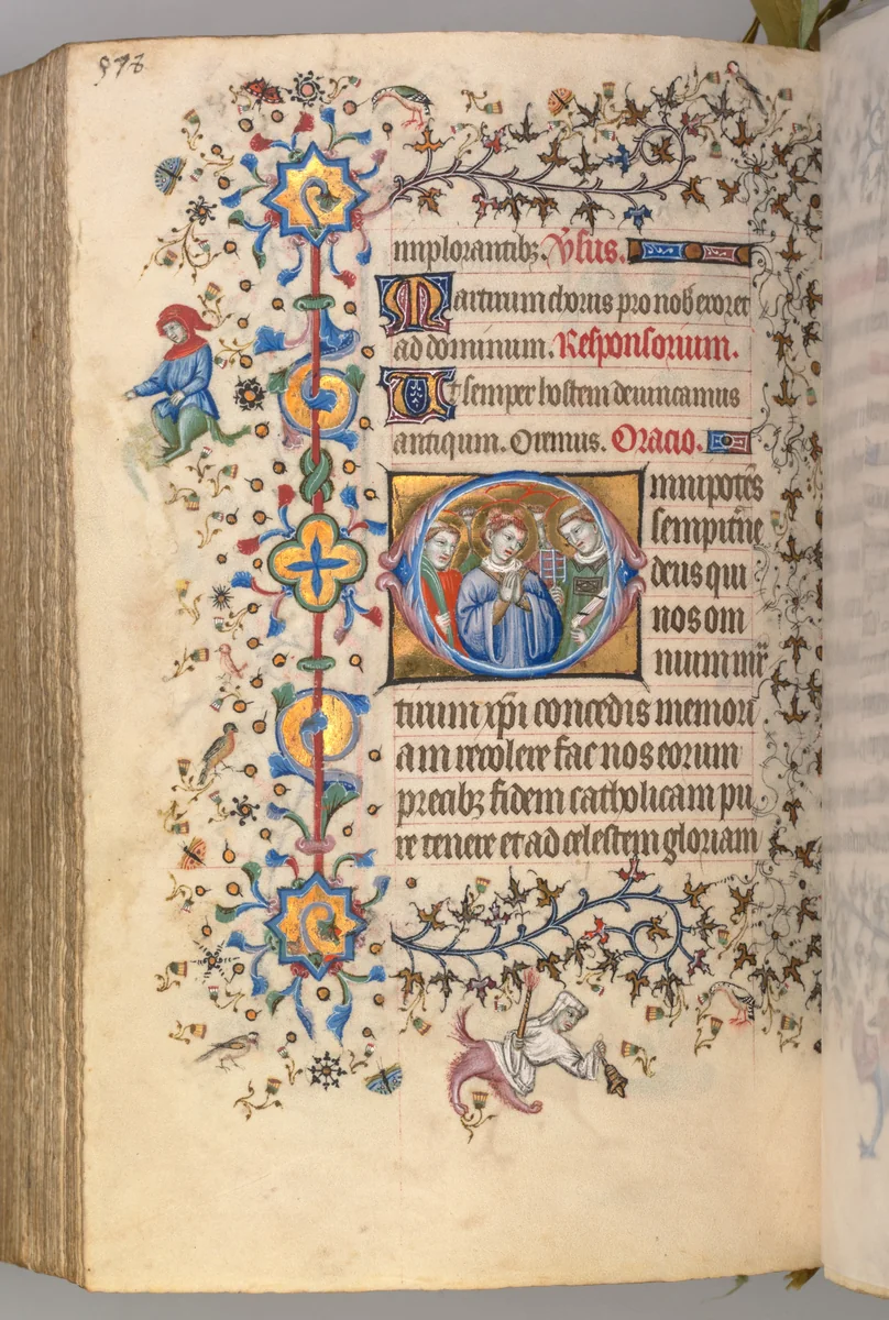 Hours of Charles the Noble, King of Navarre (1361-1425): fol. 283v, Martyrs: Unidentified Saint, SS. Stephen and Lawrence by Master of the Brussels Initials and Associates, book, 1400-1410