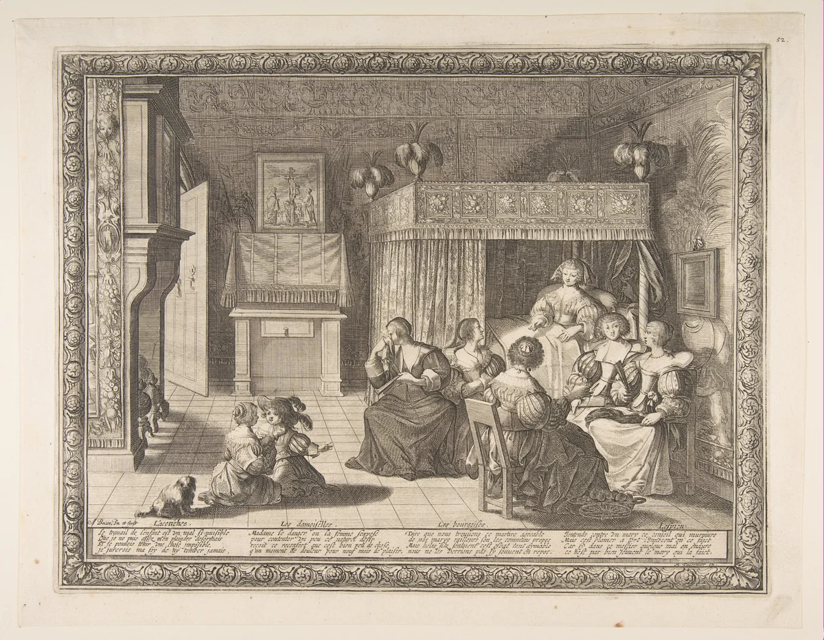 Visit to the New Mother by Abraham Bosse, print, 1633