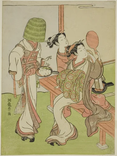 A Courtesan and Her Attendant Using Mirrors to Identify a Mendicant Monk by Isoda Koryusai, print, 1767-1777