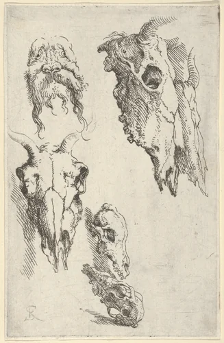 Three ox skulls, two horse skulls, and a grotesque head, study for "Democritus in Meditation" by Salvator Rosa, print, 1662