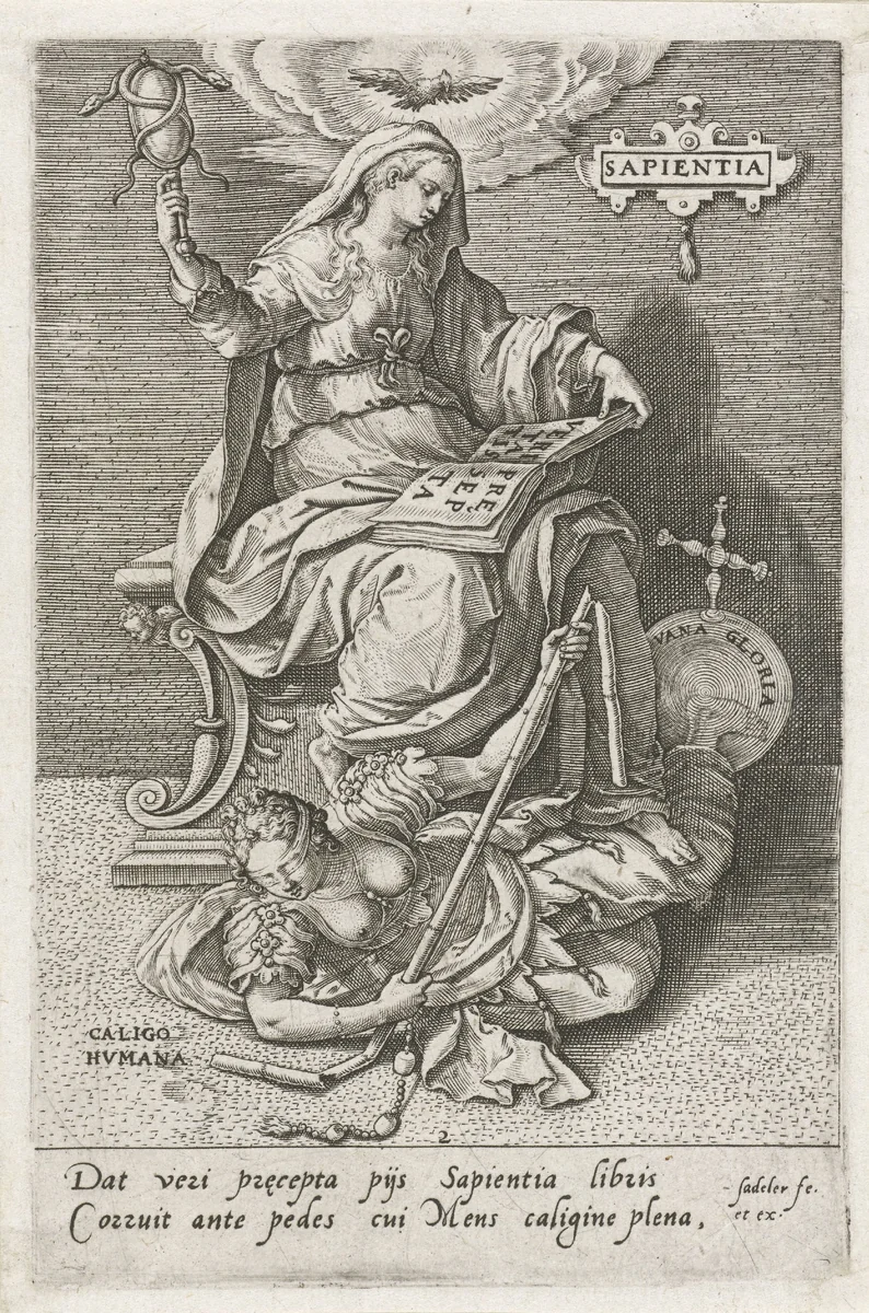 Wijsheid (Sapientia) overwint Menselijke Verbijstering (Caligo Humana) by Unknown, print, 1579