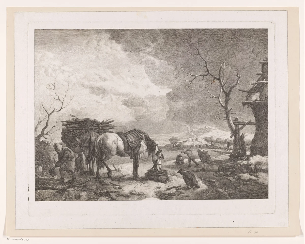 Houthakkers in een winterlandschap by Jean Moyreau, print, 1754