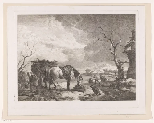 Houthakkers in een winterlandschap by Jean Moyreau, print, 1754