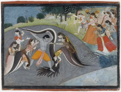 Krishna Subduing Kaliya, the Snake Demon: Folio from a Bhagavata Purana Series by Manaku and Nainsukh, painting, 1775-1795