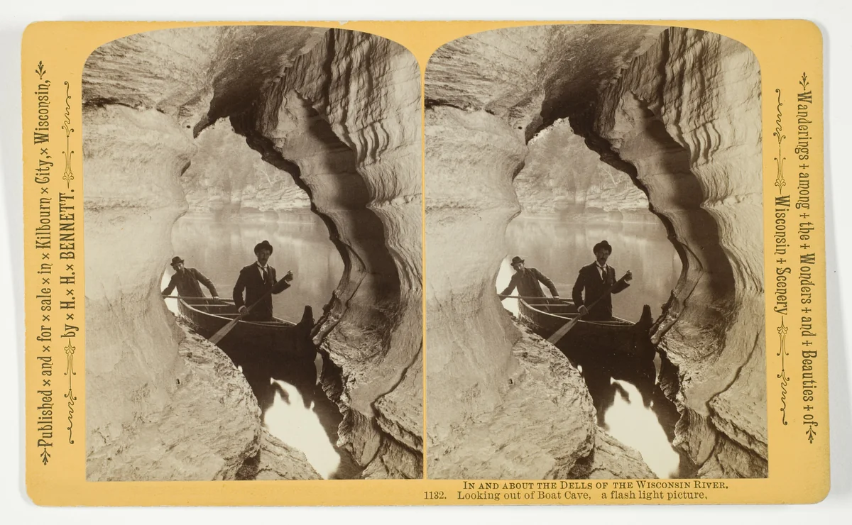 Looking out of Boat Cave, a flash light picture, No. 1132 from the series "In and About the Dells of the Wisconsin River" by Henry Hamilton Bennett, photograph, 1870-1908