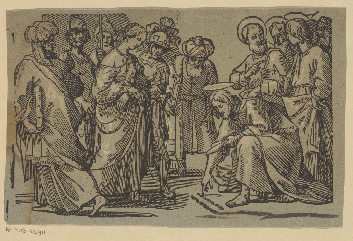 Christus en de overspelige vrouw by Duval, print, 1600-1700