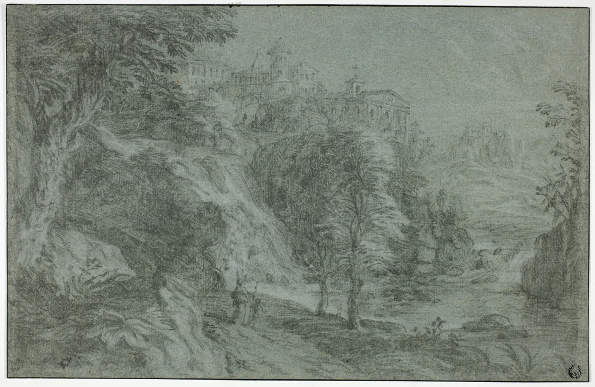 Italianate Landscape with Church on Cliff by Gaspard Dughet, drawing, 1635-1675