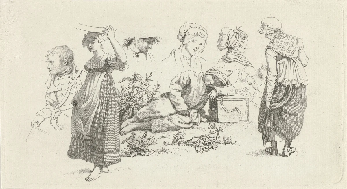 Studieblad met een slapende jongen en figuren by Jacob Ernst Marcus, print, 1808