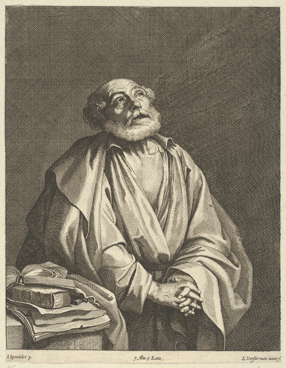 Saint Peter in prayer, looking upwards and to the right by Lucas Vorsterman II, print, 1656-1660