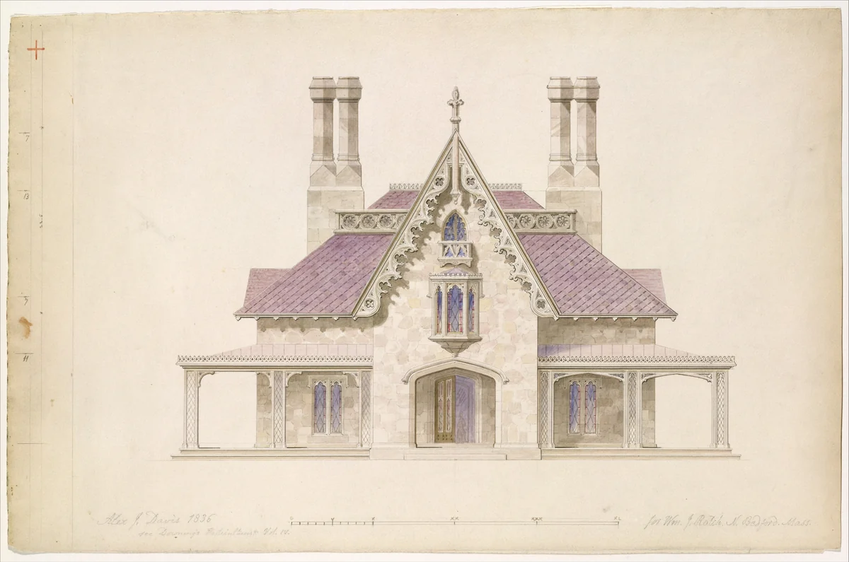 House for William J. Rotch, New Bedford, Massachusetts (front elevation) by Alexander Jackson Davis, drawing, 1845