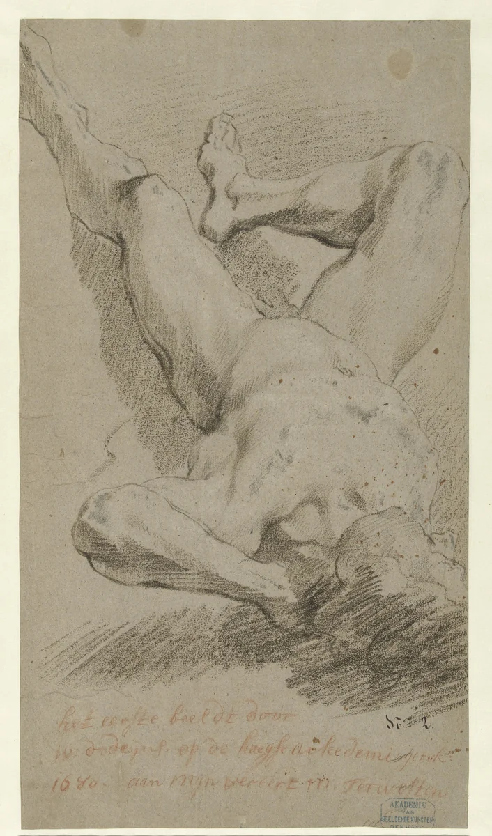 Liggend mannelijk naakt by Willem Doudijns, drawing, 1680