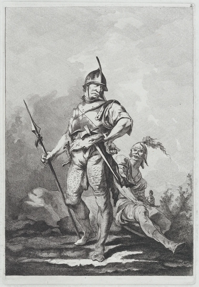Two Soldiers, One Standing Holding a Lance, One Seated by Matthias Pfenninger, print, 1764