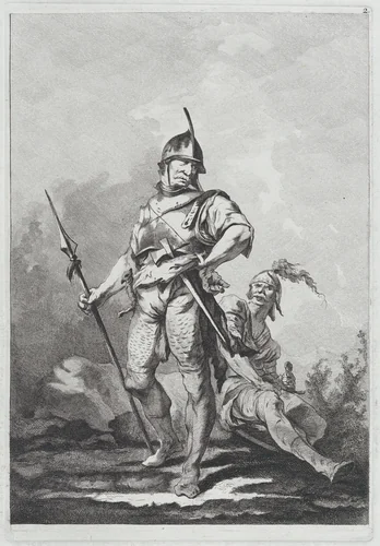 Two Soldiers, One Standing Holding a Lance, One Seated by Matthias Pfenninger, print, 1764