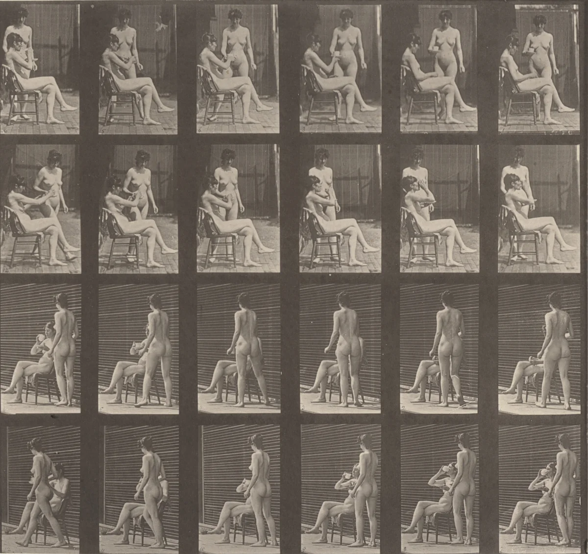 Plate Number 451. Woman brings a cup of tea; another takes the cup and drinks by Eadweard Muybridge, photograph, 1887