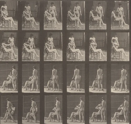 Plate Number 451. Woman brings a cup of tea; another takes the cup and drinks by Eadweard Muybridge, photograph, 1887