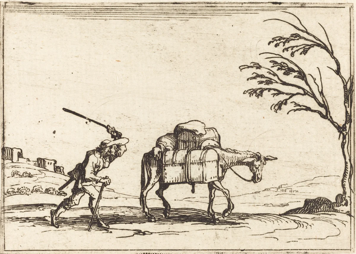 Peasant Whipping his Donkey by Jacques Callot, print, 1628