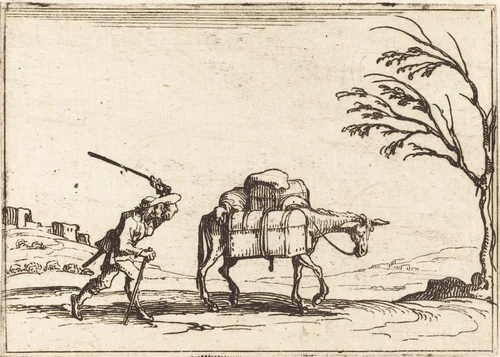Peasant Whipping his Donkey by Jacques Callot, print, 1628