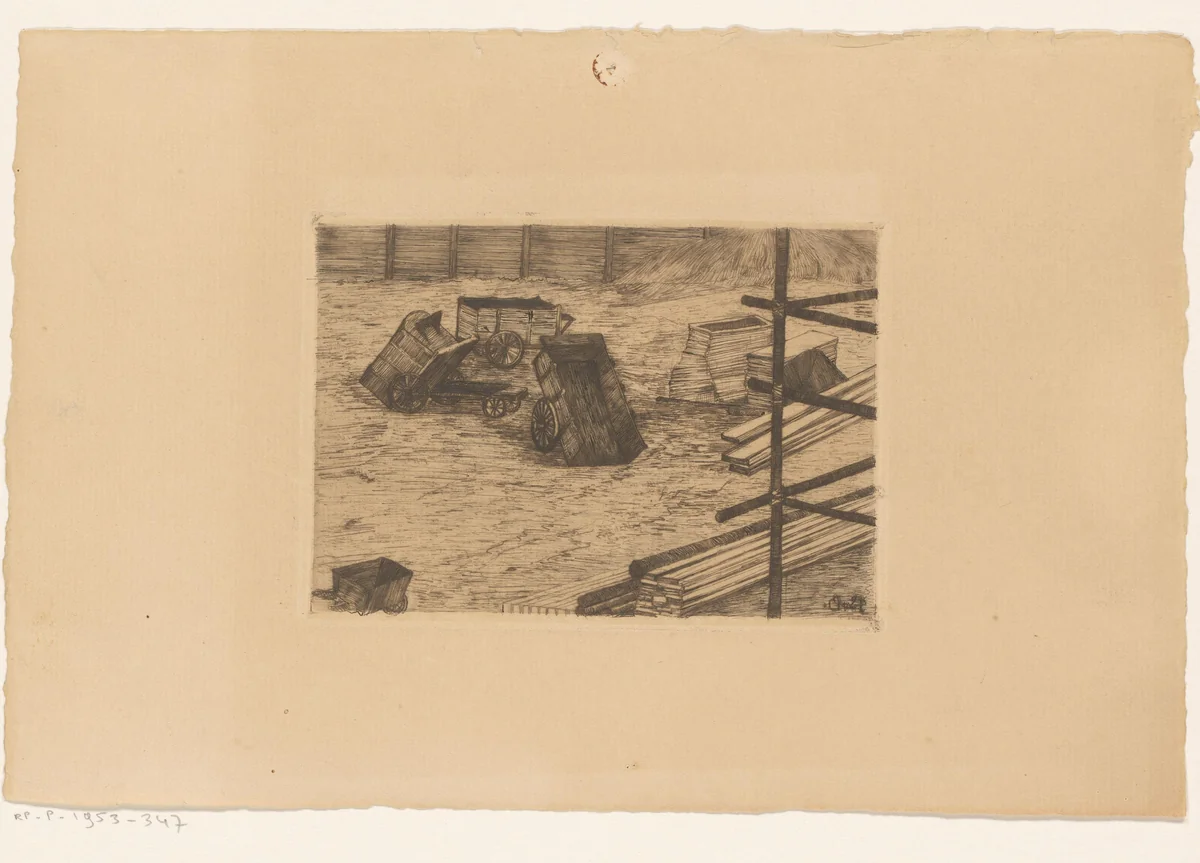 Handkarren bij een huis in aanbouw by Theodora Jacoba van Bosse, print, 1899-1953