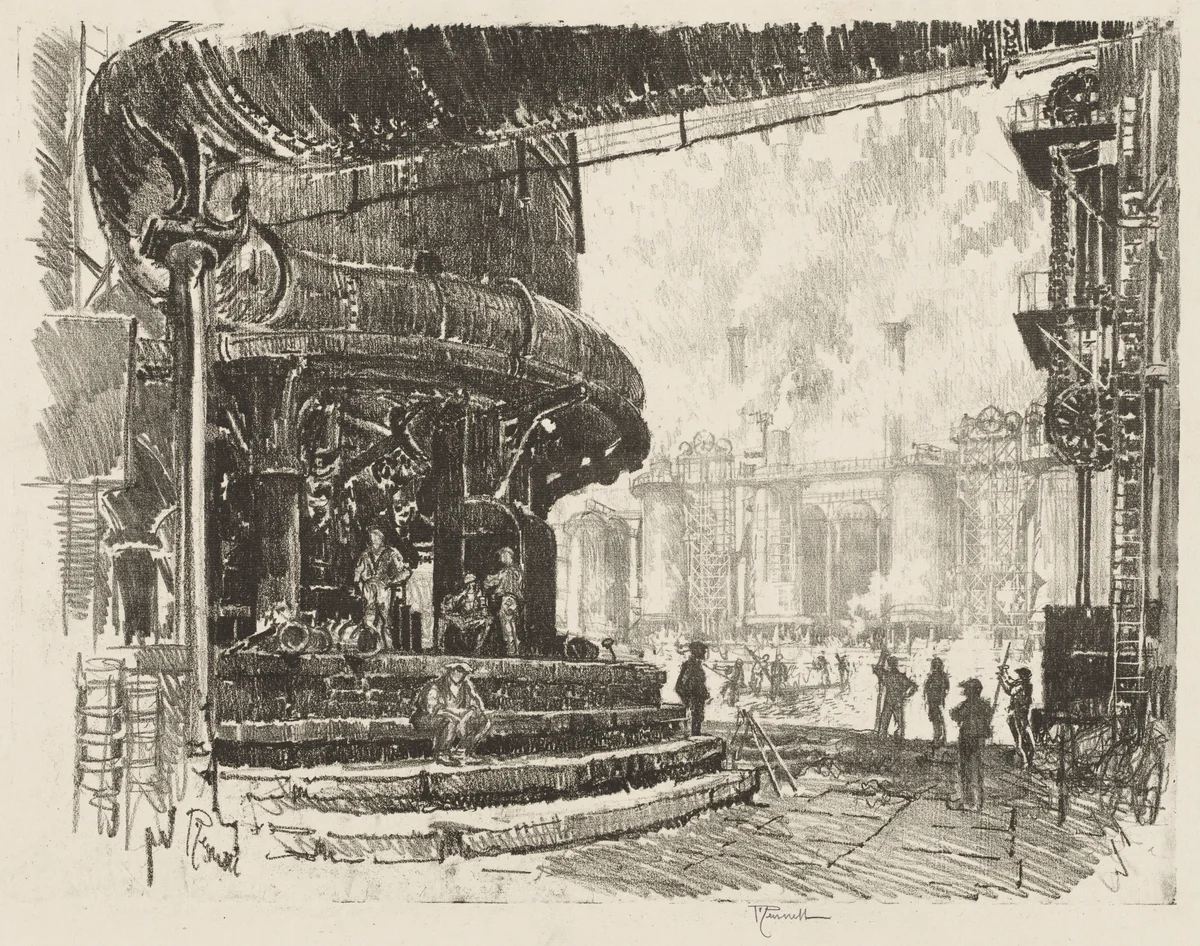 English War Work: Making Pig Iron, The Base of the Blast Furnaces by Joseph Pennell, print, 1916