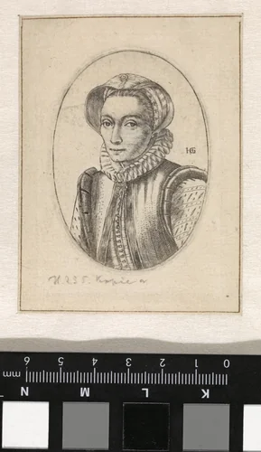 Portret van een onbekende vrouw naar links by anonymous, print, 1592-1667