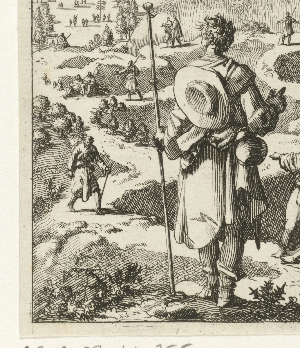 Pelgrim staat voor de keuze de smalle of brede weg te kiezen by Jan Luyken, print, 1689