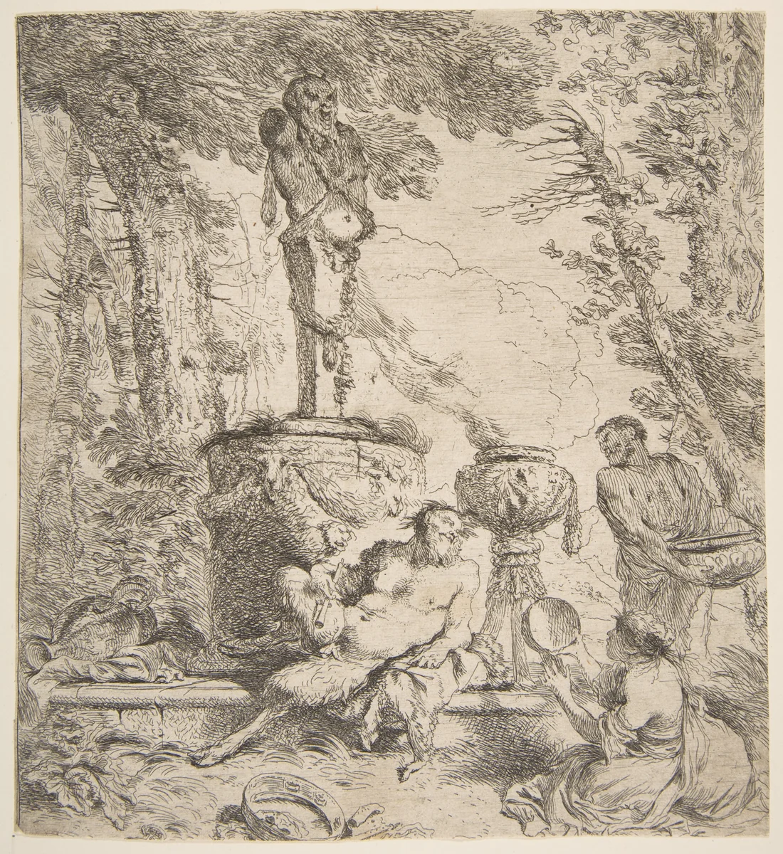 Bacchanal before an altar to the gods by Giovanni Benedetto Castiglione, print, 1640-1650