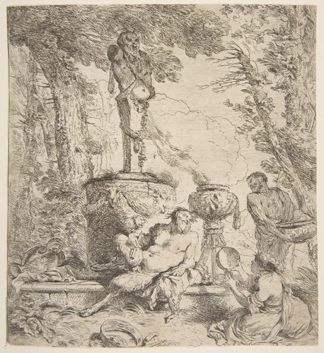 Bacchanal before an altar to the gods by Giovanni Benedetto Castiglione, print, 1640-1650