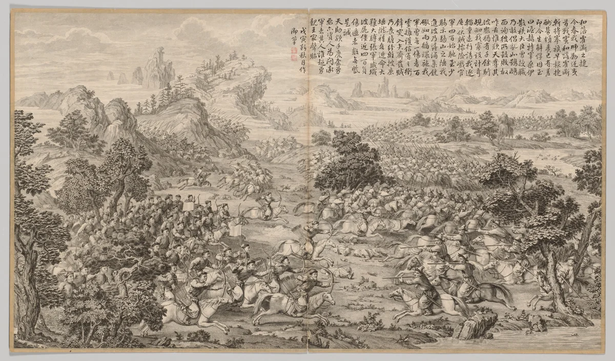 Victory at Heluo Heshi: from Battle Scenes of the Quelling of Rebellions in the Western Regions, with Imperial Poems by Jean Denis Attiret, print, 1758-1774