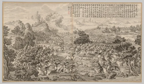 Victory at Heluo Heshi: from Battle Scenes of the Quelling of Rebellions in the Western Regions, with Imperial Poems by Jean Denis Attiret, print, 1758-1774