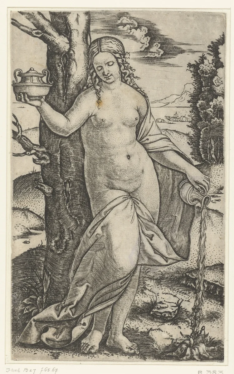 Halfnaakte vrouw geeft een plant water by Unknown, print, 1510-1527