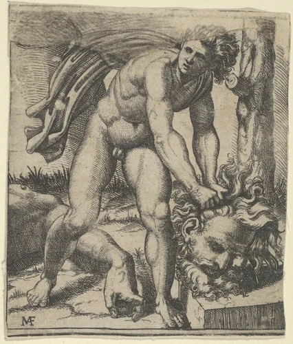 David with the head of Goliath by Marcantonio Raimondi, print, 1500-1534