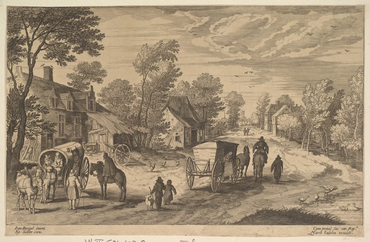 Village Street with Two Carts by Aegidius Sadeler II, print, 1565-1629