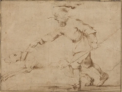 Huntsman with a Hound on a Leash by Stefano della Bella, drawing, 1610-1664