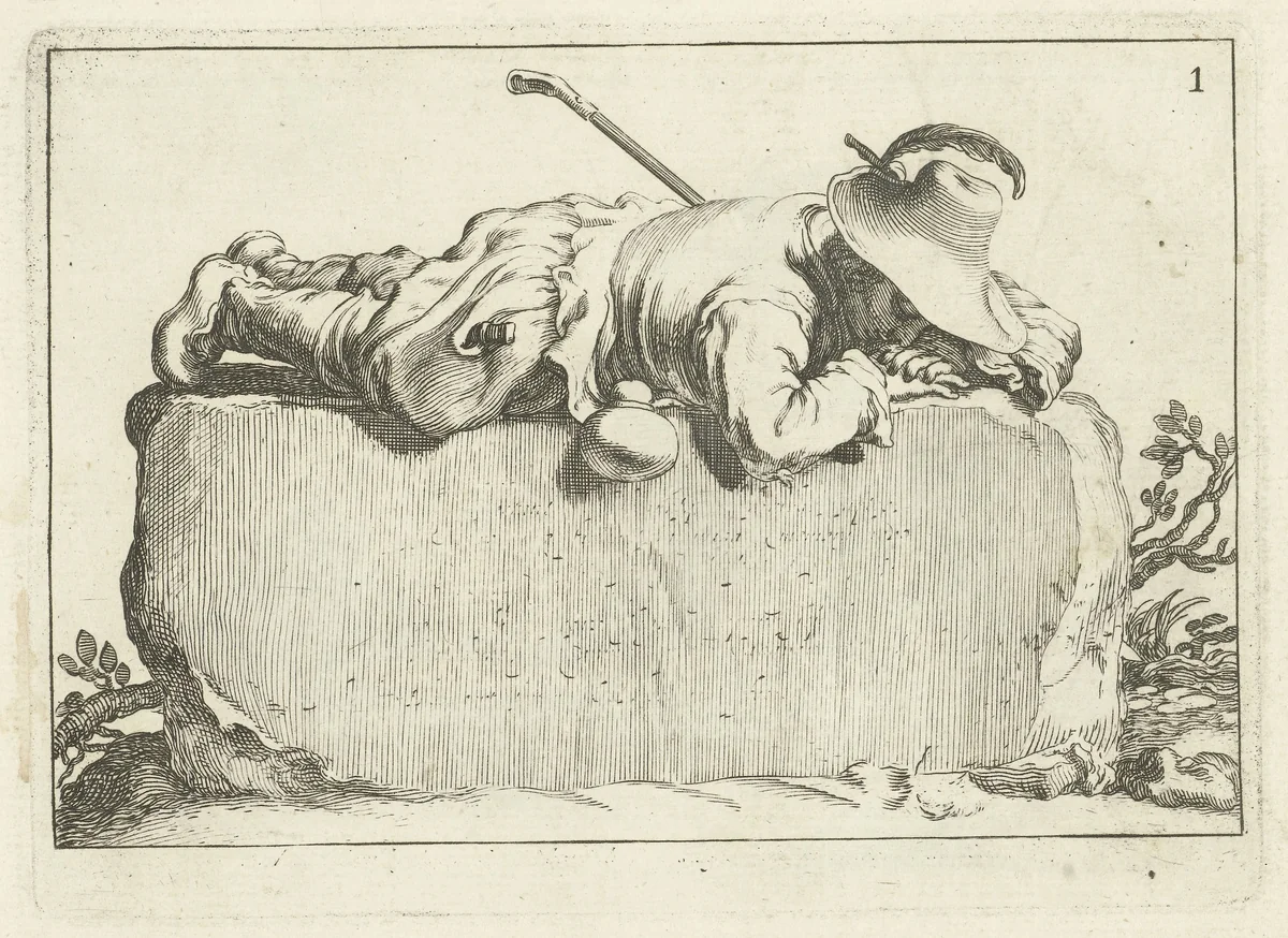 Een herder ligt op een kei by Cornelis Bloemaert, print, 1700-1800