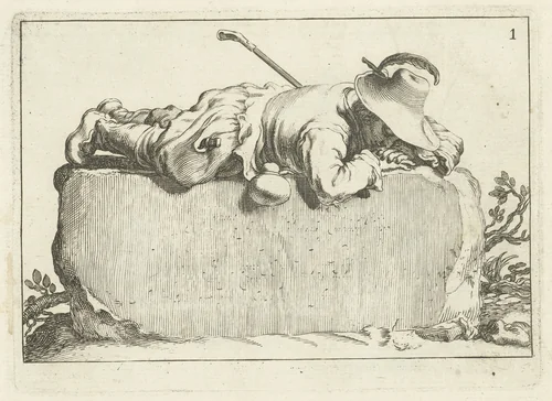 Een herder ligt op een kei by Cornelis Bloemaert, print, 1700-1800