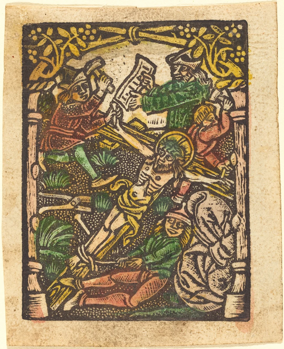 Christ Nailed to the Cross by Master of the Meshed Background, print, 1475-1499