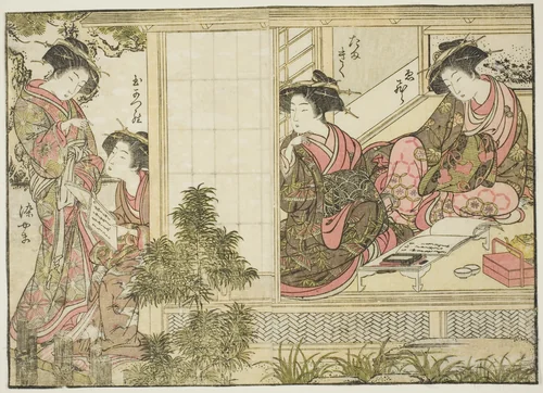 Courtesans of Oebuji, from the book "Mirror of Beautiful Women of the Pleasure Quarters (Seiro bijin awase sugata kagami)," vol. 2 by Katsukawa Shunsho (勝川 春章), print, 1776
