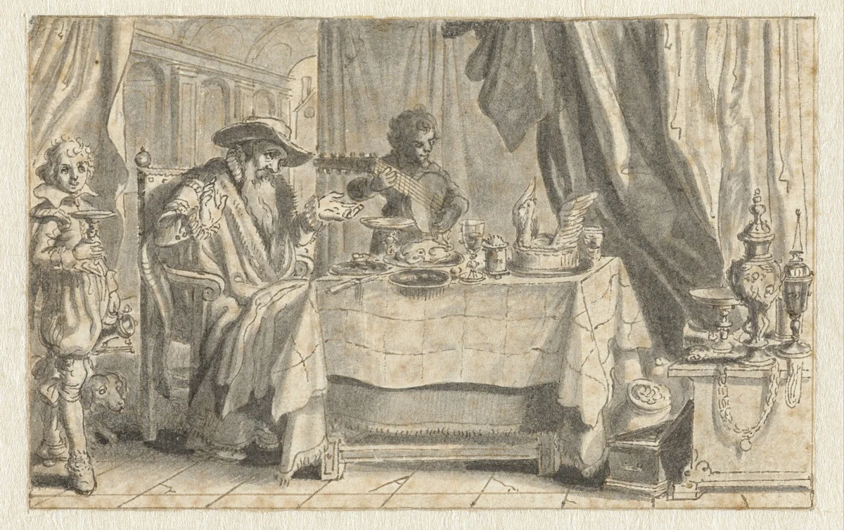 An Old Man at a Laden Table by Adriaen Pietersz van de Venne, drawing, 1620-1625