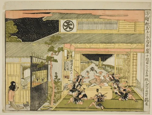 Act X (Judanme), from the series "Perspective Pictures of the Storehouse of Loyal Retainers (Uki-e kanadehon Chushingura)" by Kitao Masayoshi, print, 1787-1799
