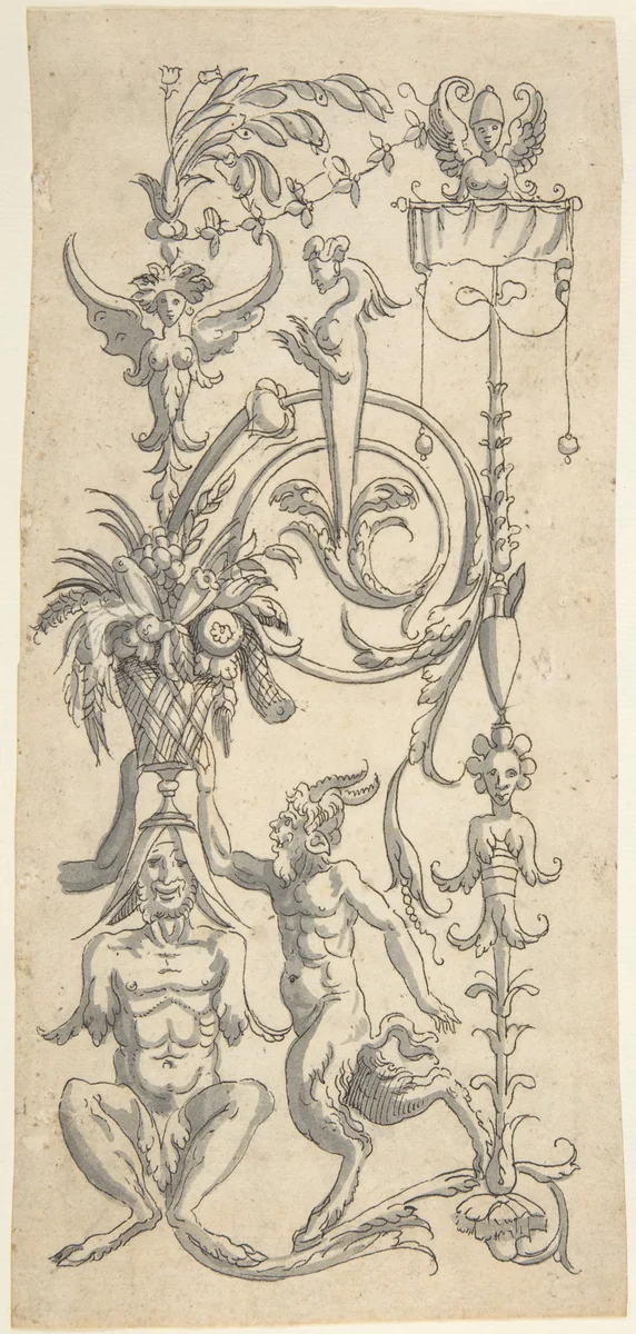 Candelabra Grotesque with a Crouched Satyr Carrying a Fruit Basket by anonymous, drawing, 1540-1570