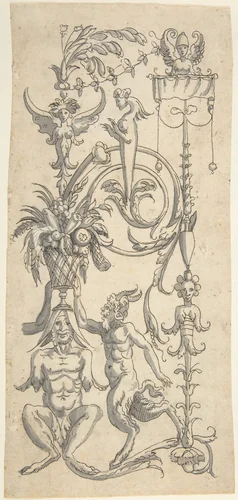 Candelabra Grotesque with a Crouched Satyr Carrying a Fruit Basket by anonymous, drawing, 1540-1570